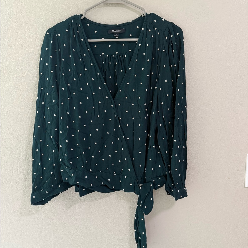 Madewell Green Polka Dot Wrap Blouse XL